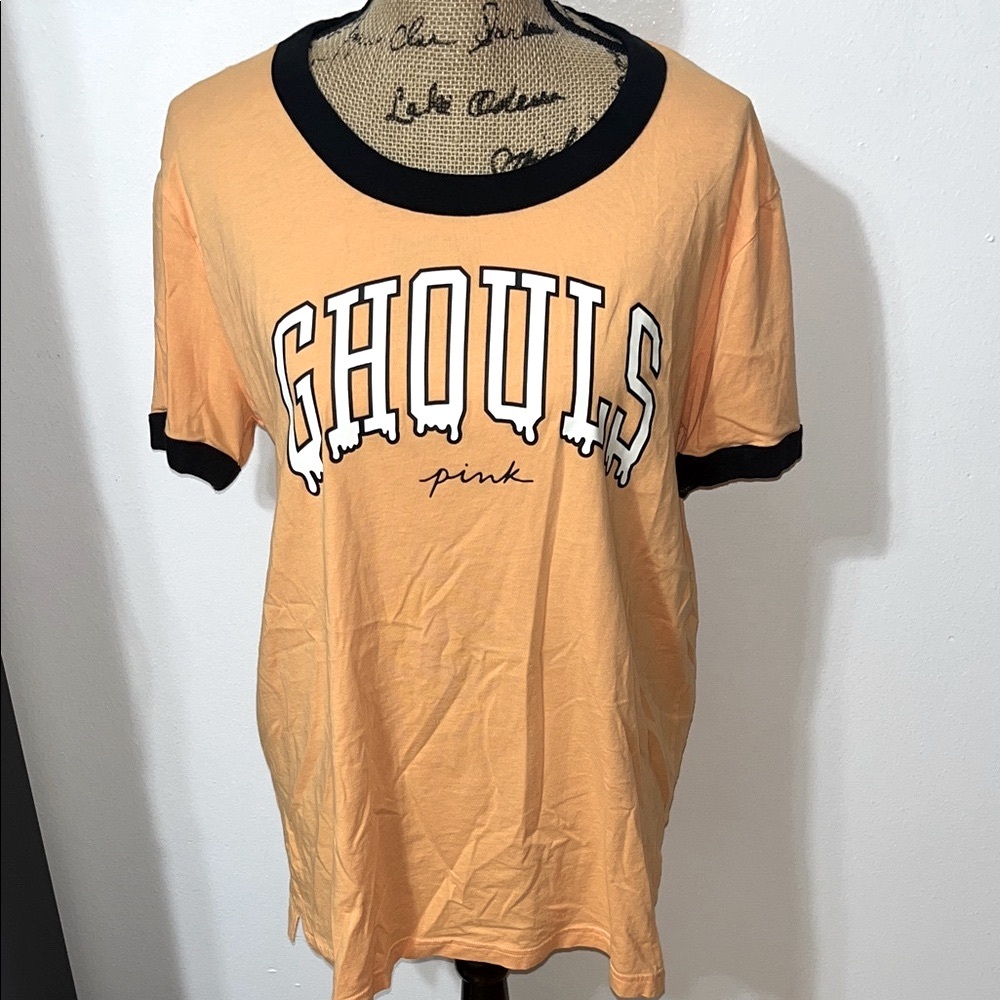 PINK Victoria's Secret Orange Halloween Glow in the Dark Tee with Black Trim